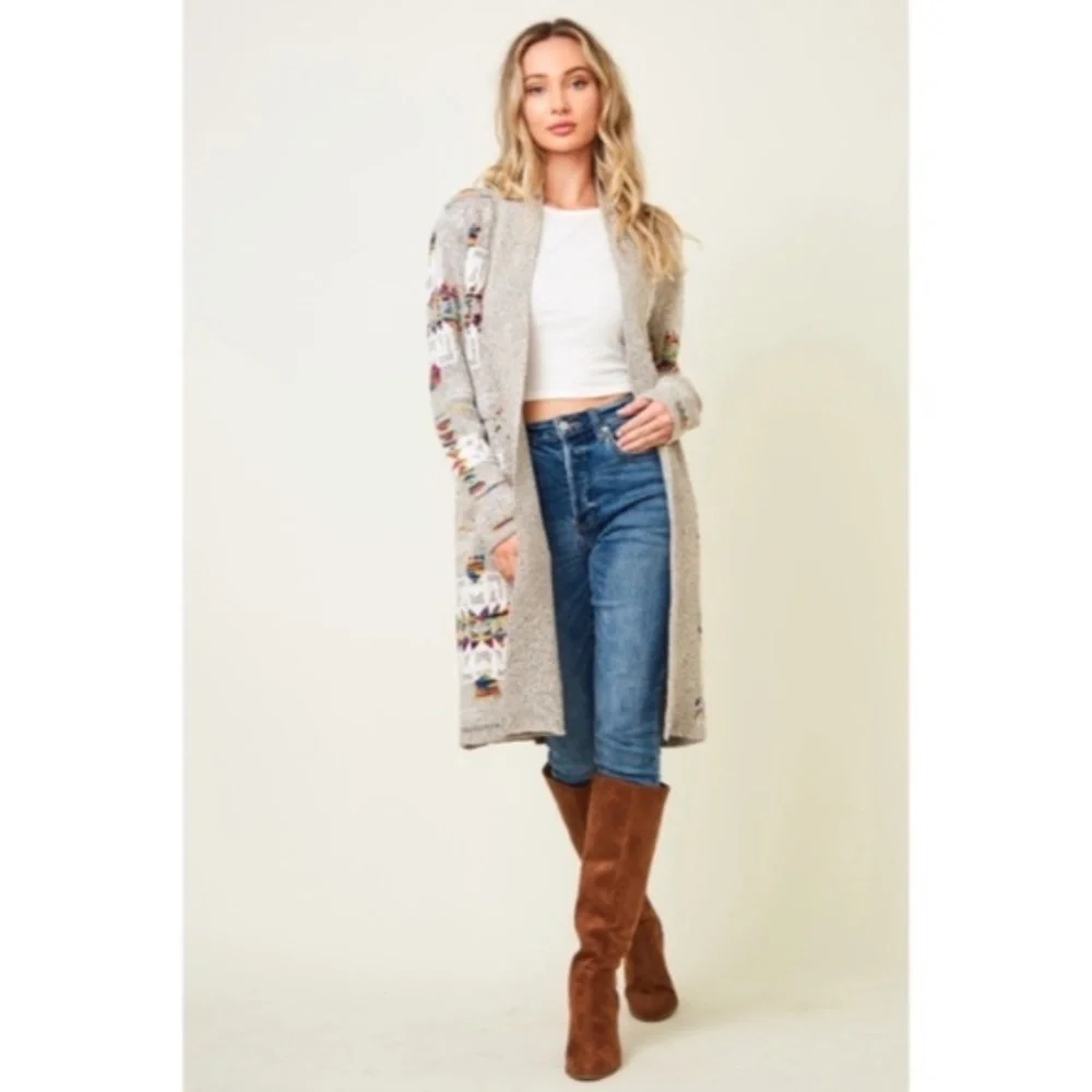 SOLD OUT Oatmeal Rainbow Multi Colored Aztec Tribal Jacquard Open Knit Cardigan - Picture 7 of 10